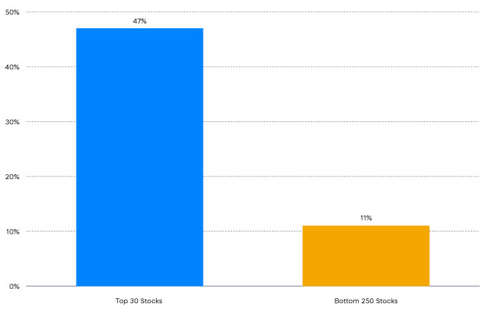 Bar graph shows S&P 500 stock weightings through July 2023 with the top 30 stocks at 47% and the bottom 250 stocks at 11%